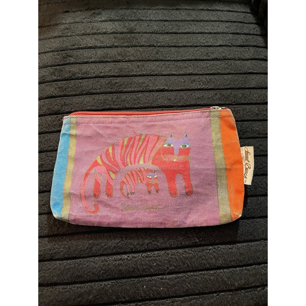 Laurel Burch Purple Canvas Bright Big Cat Small Cat Cosmetic Case Bag Clutch - Picture 1 of 7